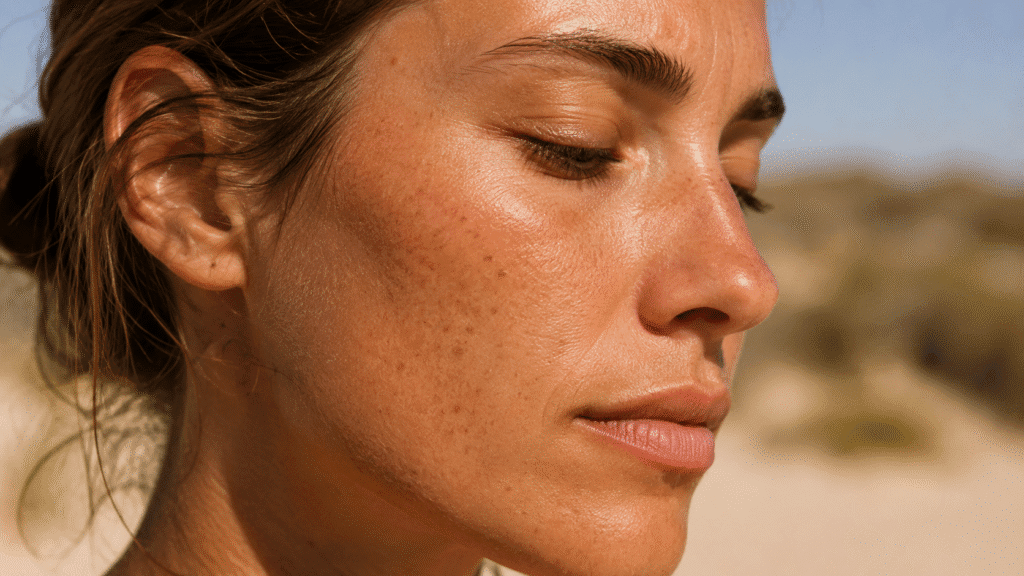 How to Brighten Skin Naturally for a Healthy Glow 3 woman’s face exposed to strong sunlight, showing visible sun exposure