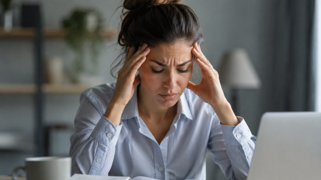 How to Brighten Skin Naturally for a Healthy Glow 6 Stressed woman holding her head while working at a desk