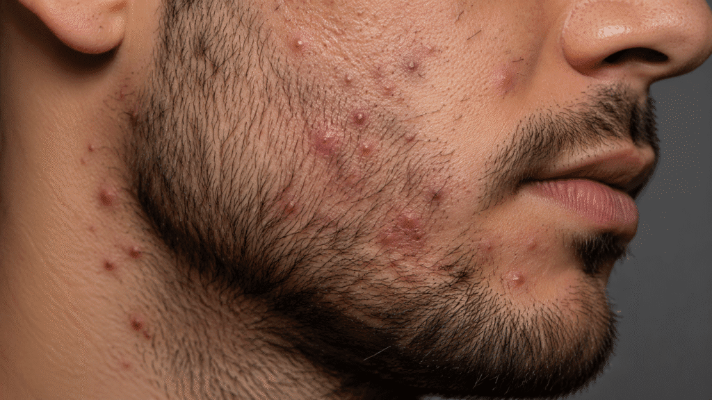Beard Acne: Understanding Breakouts Beneath Facial Hair 1 Close up photo of beard acne