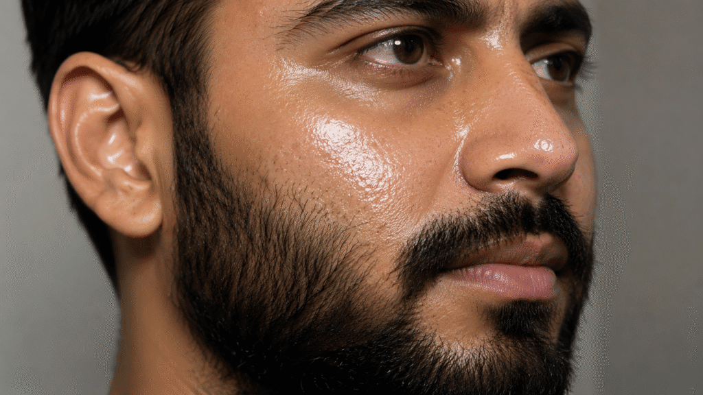 Beard Acne: Understanding Breakouts Beneath Facial Hair 2 Close-up of a bearded man with visibly oily skin