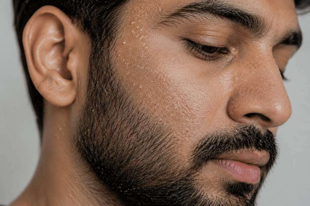 Beard Acne: Understanding Breakouts Beneath Facial Hair 3 Close-up of a bearded man with visible dead skin buildup