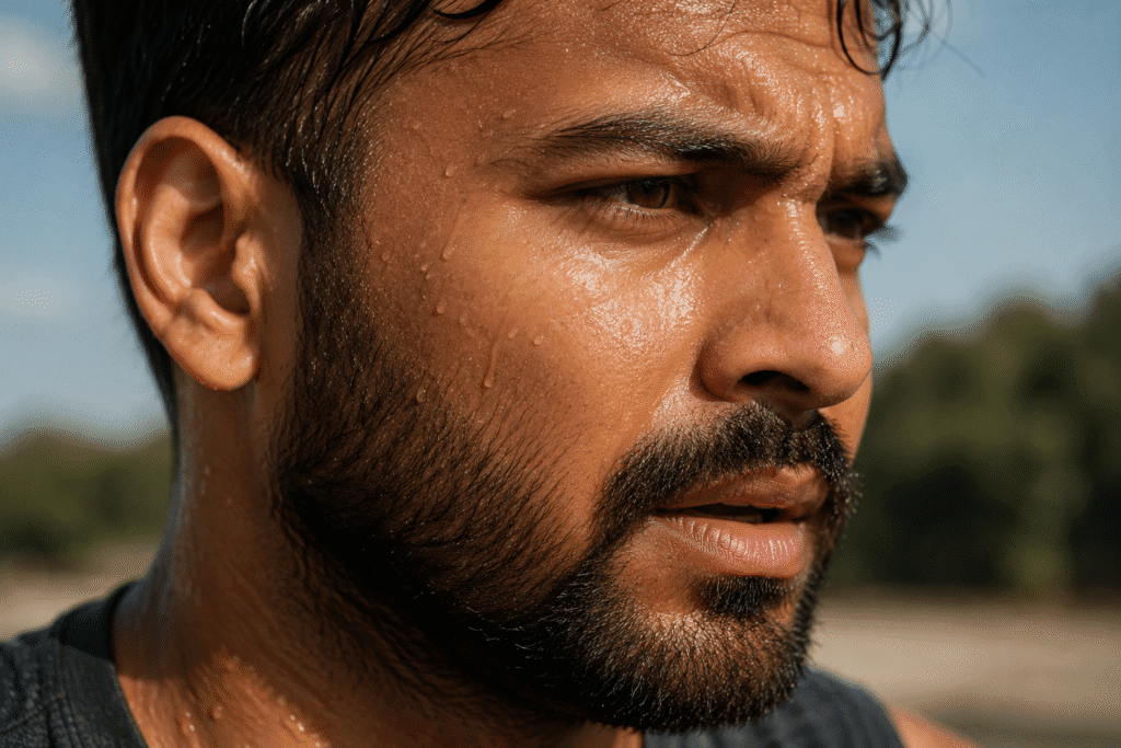 Beard Acne: Understanding Breakouts Beneath Facial Hair 4 Close-up of a bearded man with visible dead skin buildup