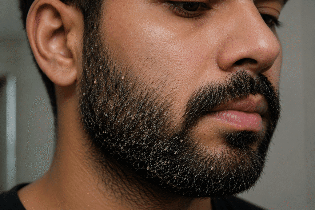 Beard Acne: Understanding Breakouts Beneath Facial Hair 5 Close-up of a bearded man with visible product buildup and residue trapped in facial hair