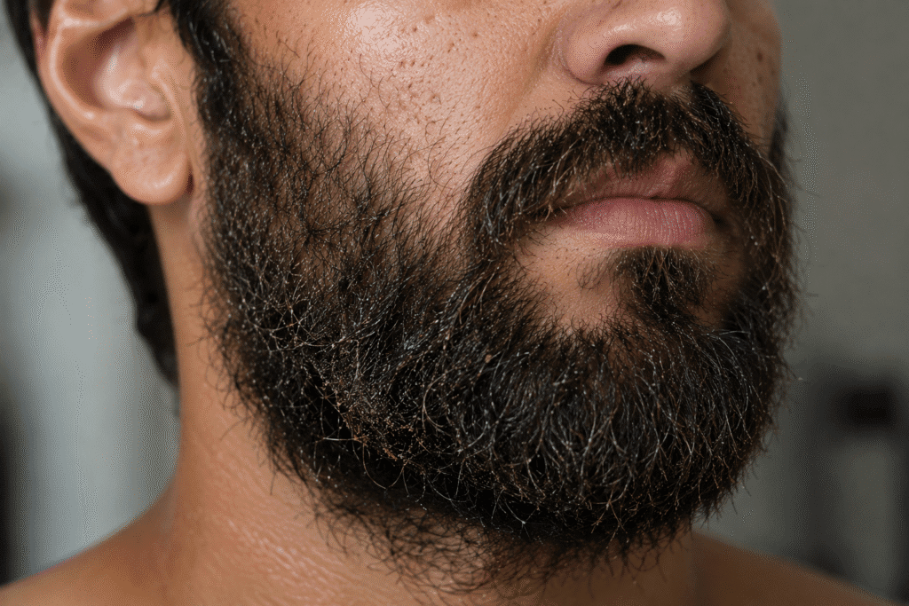 Beard Acne: Understanding Breakouts Beneath Facial Hair 6 Close-up of a bearded man with an unclean, unkempt beard showing visible dirt, oil, and poor beard hygiene
