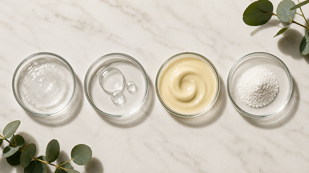 Beard Acne: Understanding Breakouts Beneath Facial Hair 7 Flat lay image of skincare ingredients