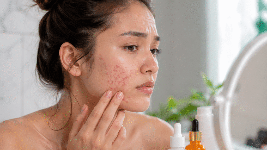Woman examining acne after using vitamin C serum