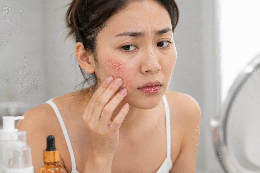 Woman with facial redness and irritation after using vitamin C skincare product
