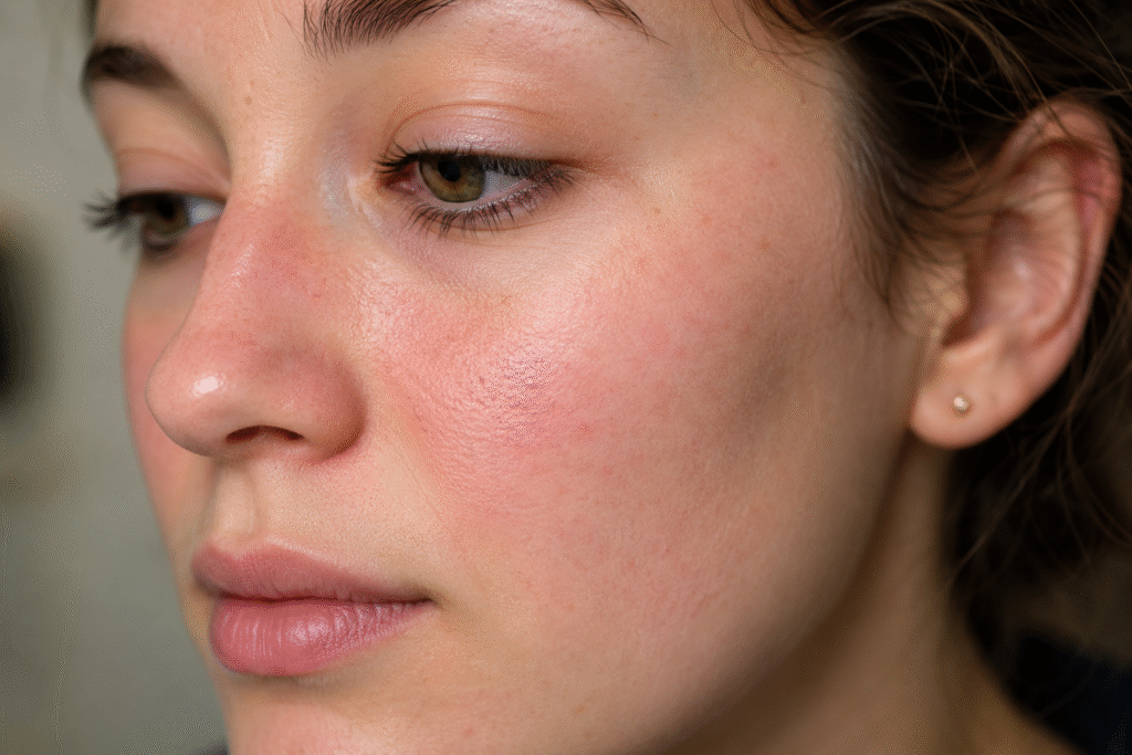 Why Is My Face Red After Skincare? Causes and Fixes 1 Close-up of a woman with mild facial redness