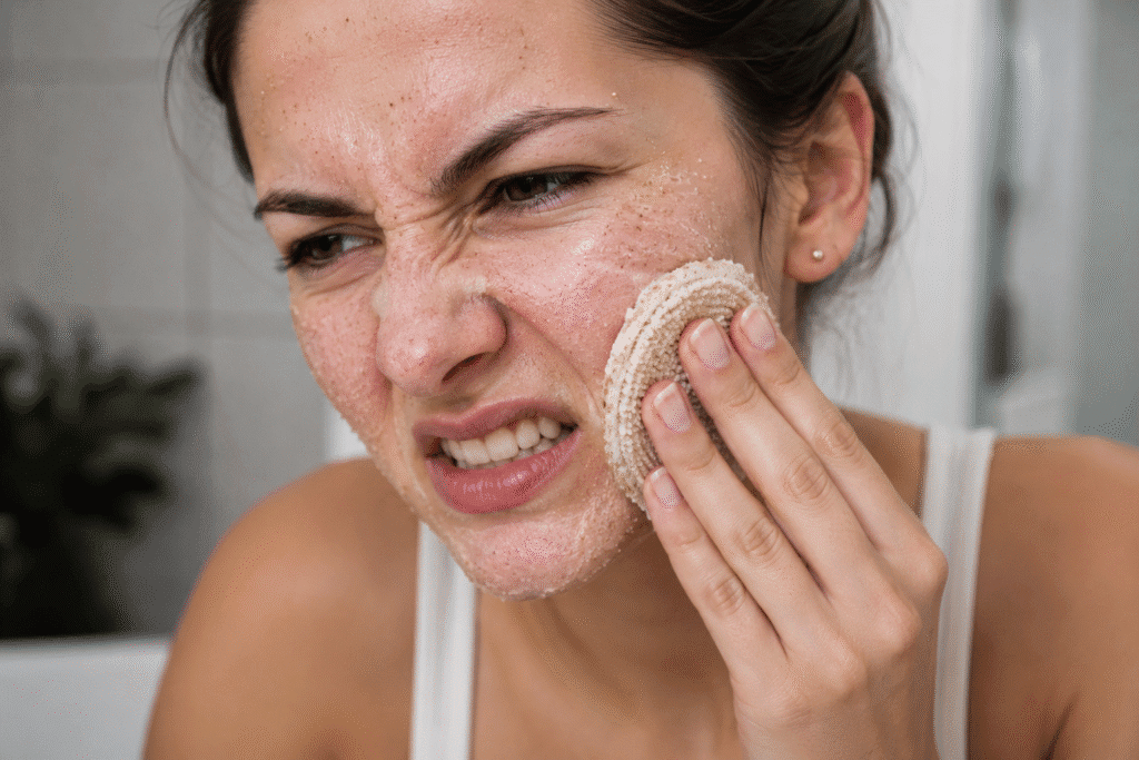 Why Is My Face Red After Skincare? Causes and Fixes 2 Woman aggressively scrubbing her face with an exfoliating pad