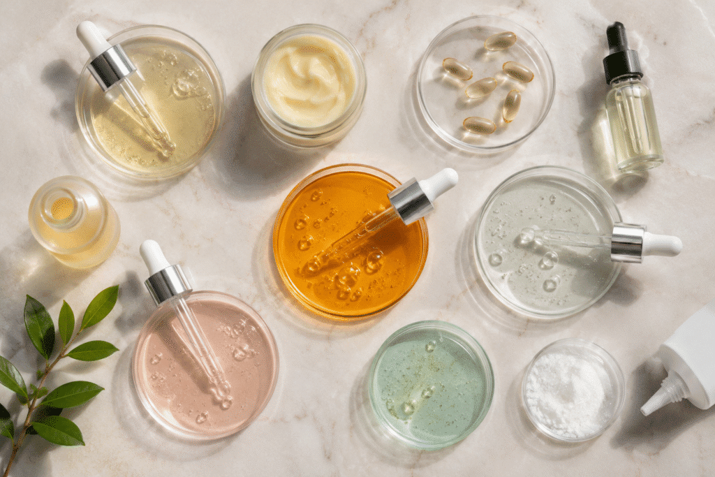 Why Is My Face Red After Skincare? Causes and Fixes 4 Flat lay of skincare ingredients