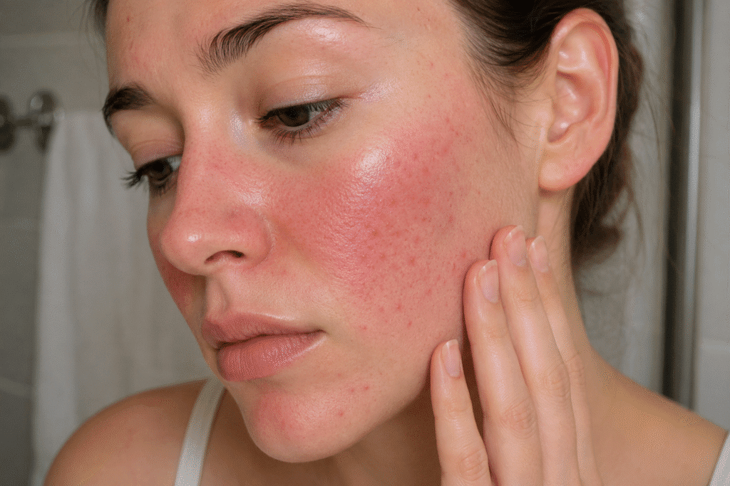 Why Is My Face Red After Skincare? Causes and Fixes 5 Close-up of a woman experiencing facial redness and irritation after applying a skincare product