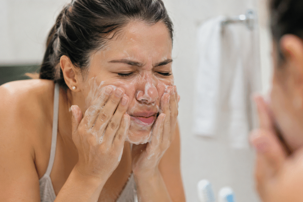 A girl doing harsh cleansing