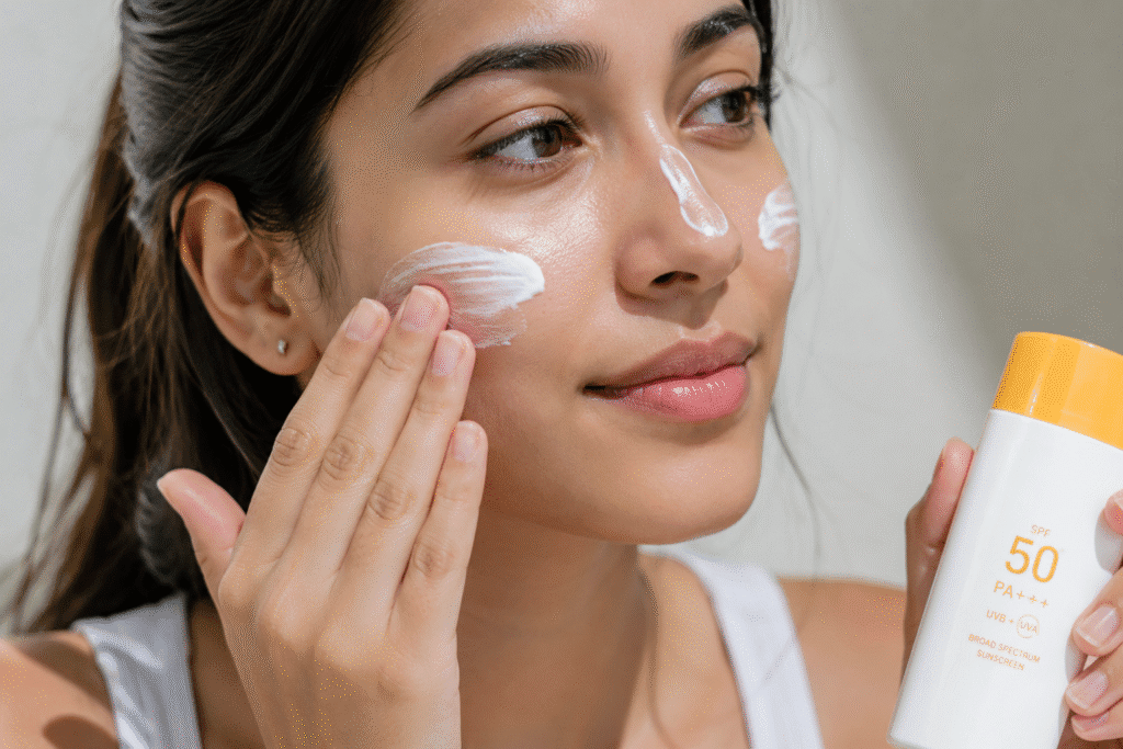 Photo of a girl applying sunscreen product