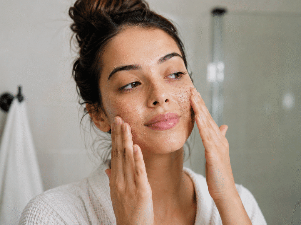Woman gently exfoliating her face