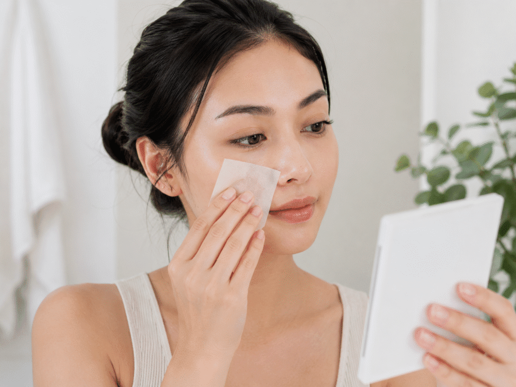 Woman using oil blotting paper on her face