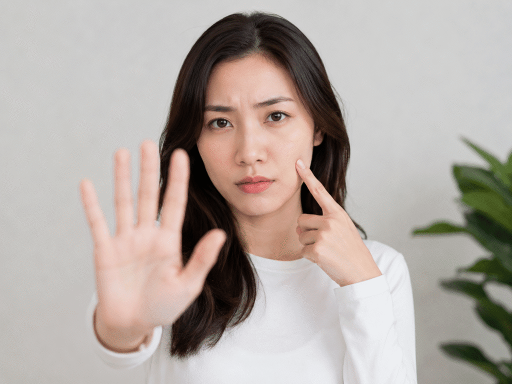 Woman gesturing to avoid touching her face