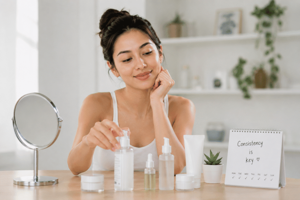 Woman following a consistent daily skincare routine