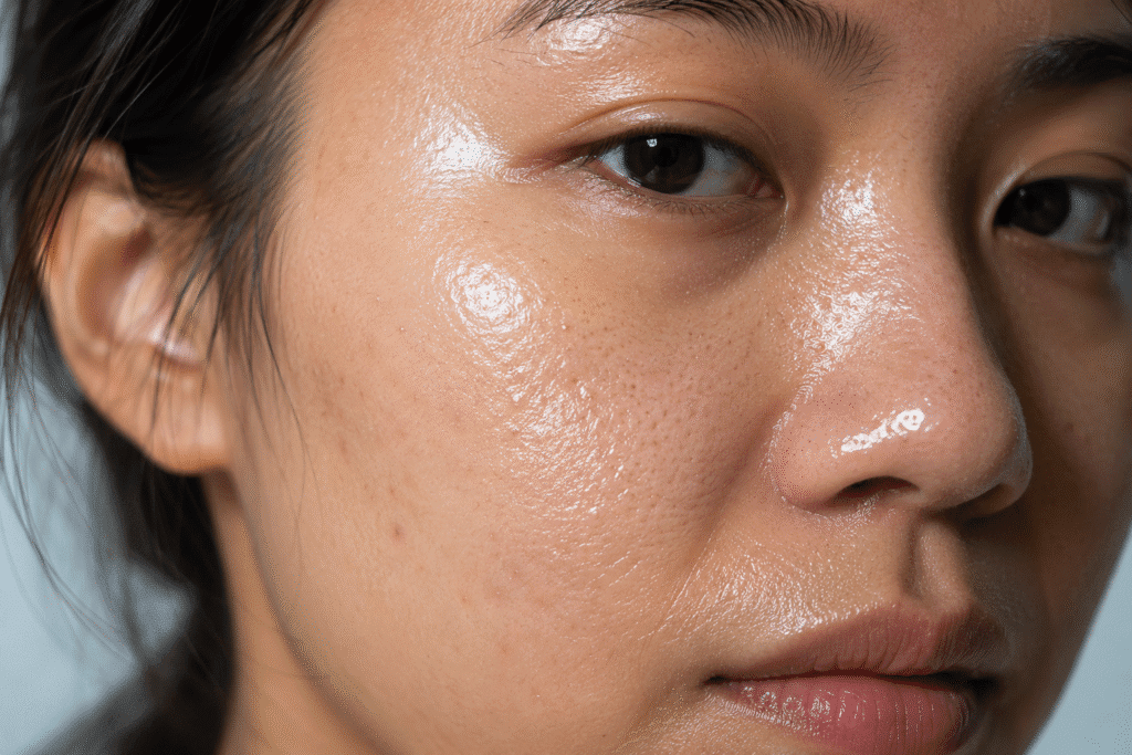 Close up photo of face with excess oil production