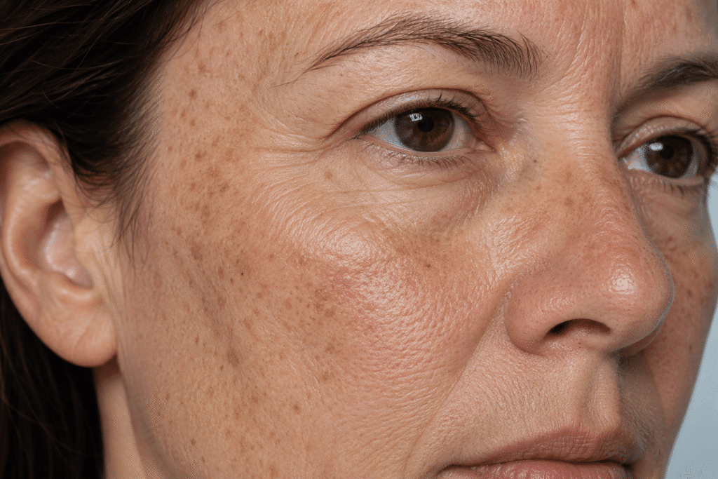Why Are My Pores So Visible? Causes and Solutions 6 Close-up of a woman's face showing visible signs of sun damage