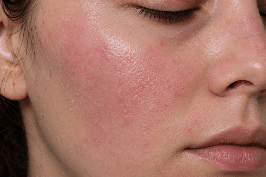 Rough Skin on Face: Causes and Natural Texture Fixes 4 Close up photo a face with damaged skin barrier