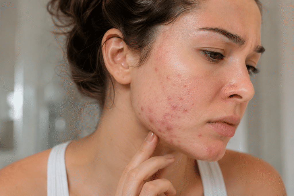 Close-up of hormonal acne concentrated on the jawline and chin.