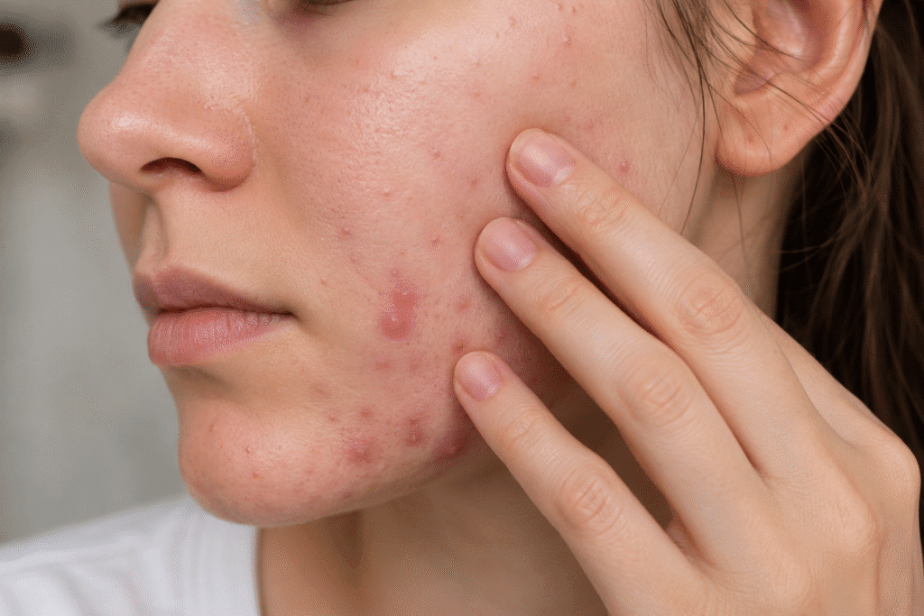 Frequent face touching near acne.