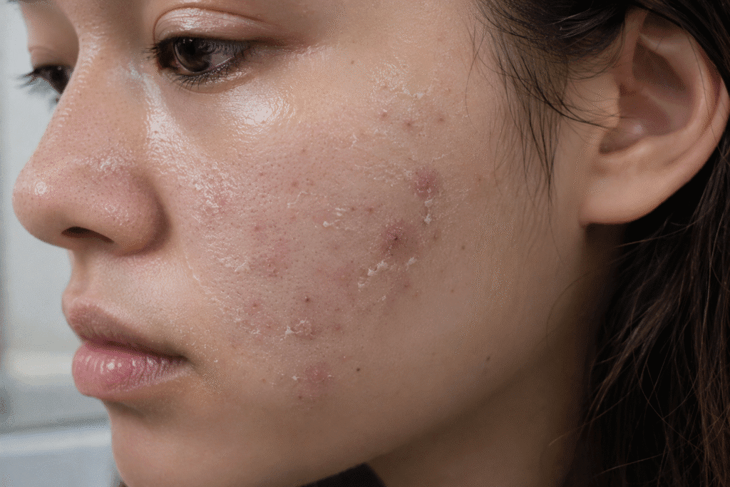 Close-up of skincare product buildup on the face