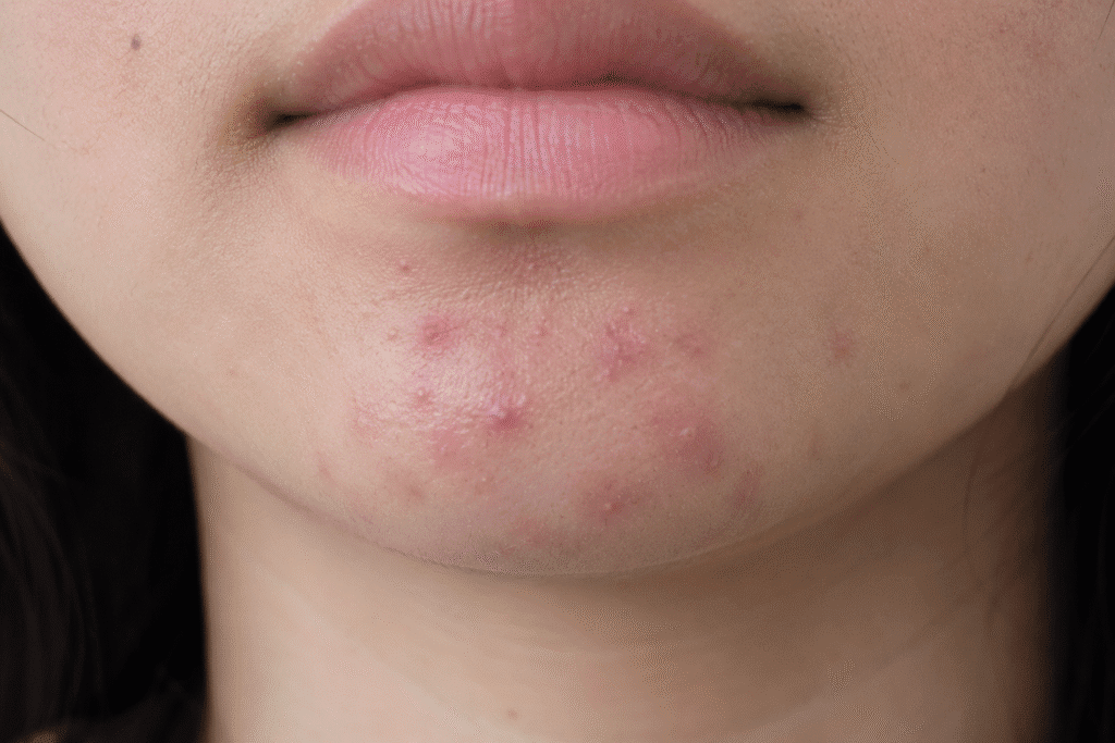 Close up photo of acne on chin