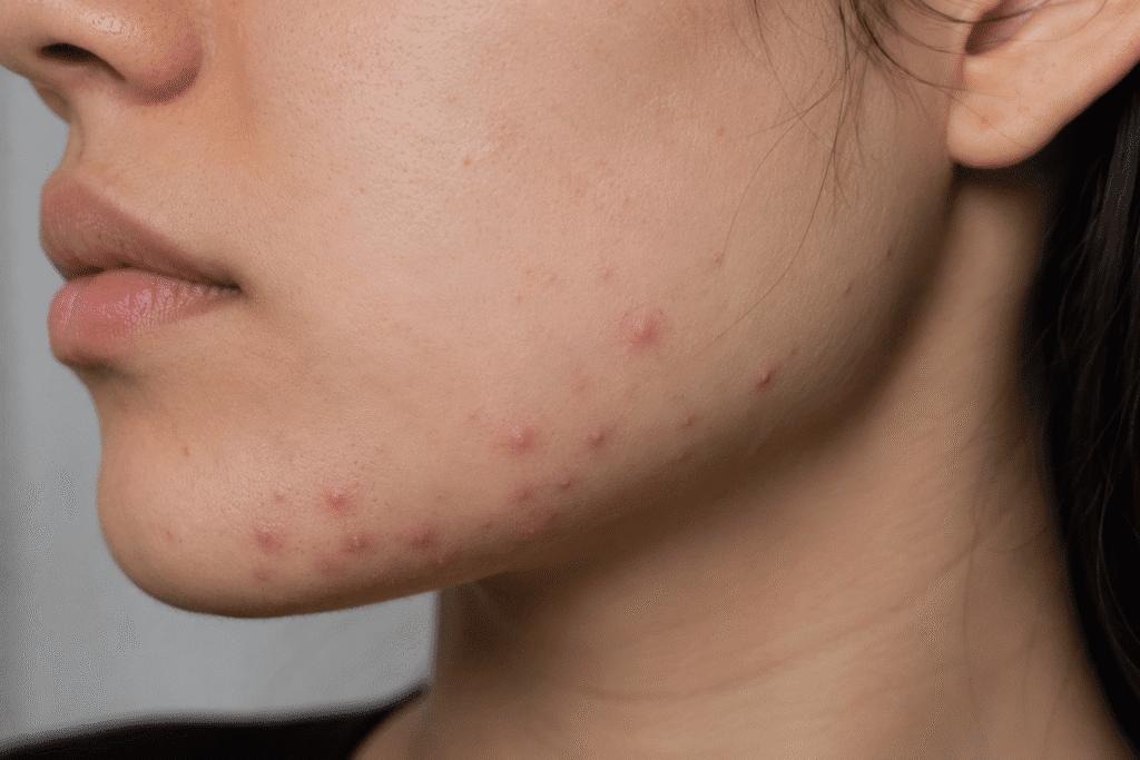 Close up photo of acne on jawline