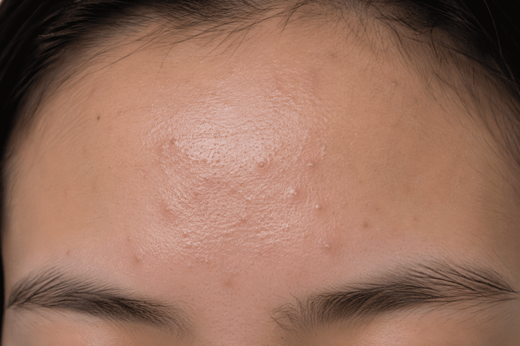 Close up photo of acne on forehead