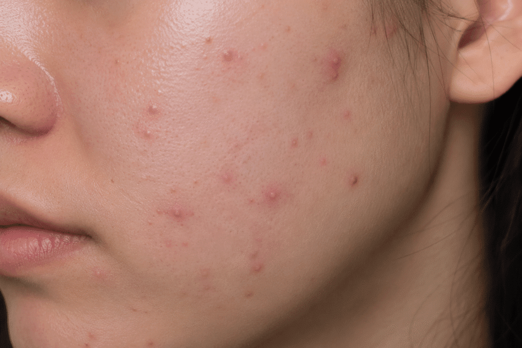 Close up photo of acne on cheeks