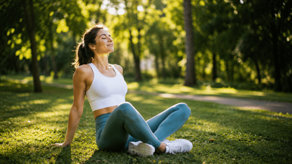 Woman relaxing outdoors after exercise to reduce stress.
