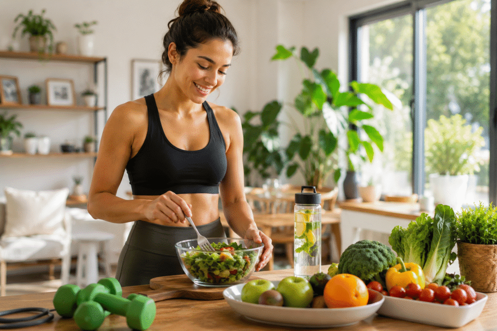 Woman preparing a healthy meal after exercise.