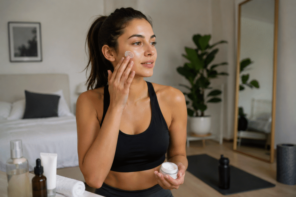 A girl doing her skincare before her exercise