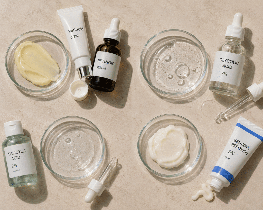 Flat lay of active ingredients in skincare products