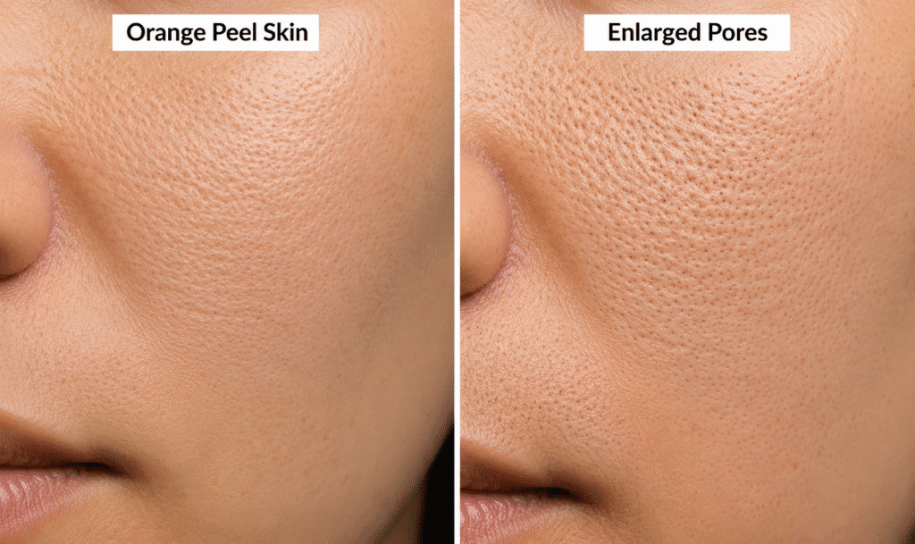 Difference between orange peel skin and enlarged pores
