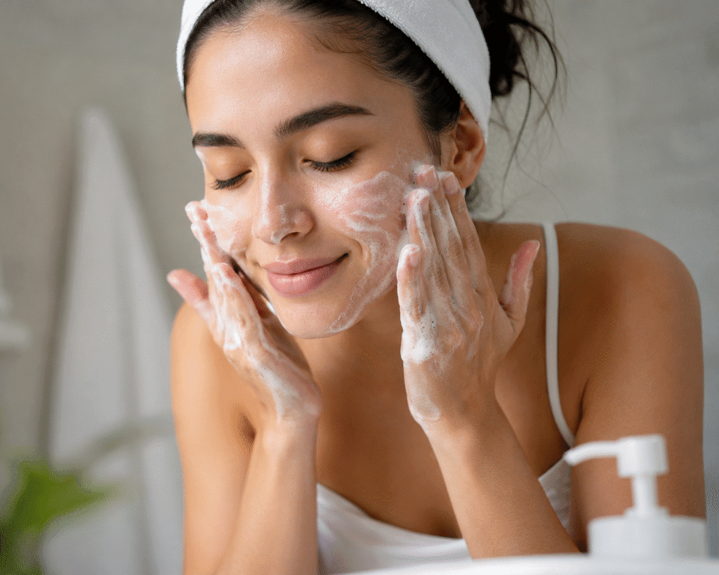 Does Primer Clog Pores? Truth for Healthy Skin 5 A girl washing her face with facial cleanser