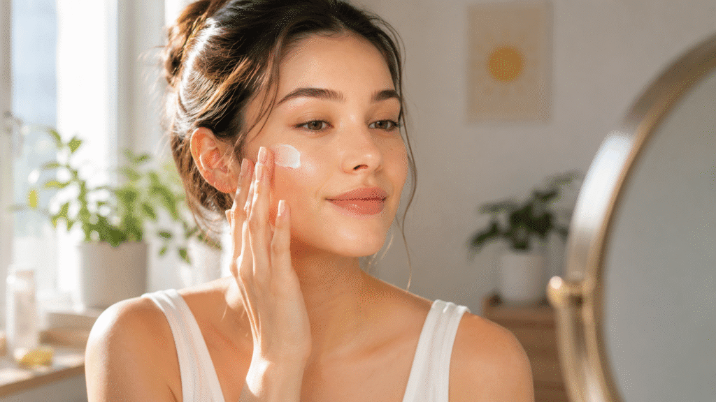 How Often Should You Moisturize Your Face? 6 Woman applying facial moisturizer during her morning skincare routine