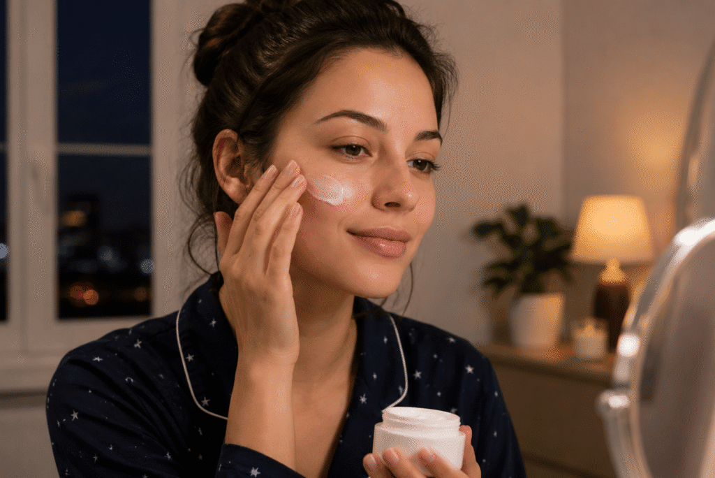 How Often Should You Moisturize Your Face? 7 Woman applying facial moisturizer during her evening skincare routine