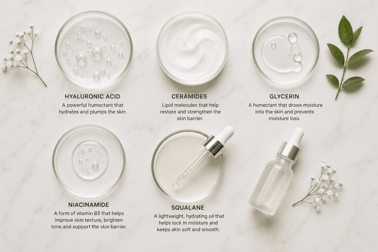 How Often Should You Moisturize Your Face? 9 Flat lay of skincare ingredients