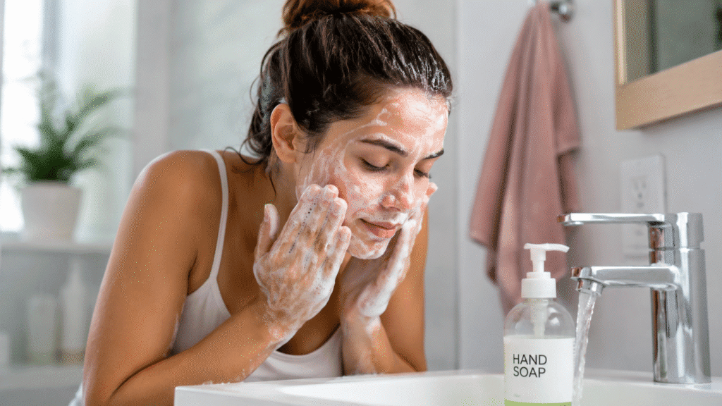 Woman washing her face with hand soap