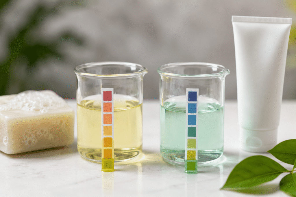 pH testing setup with skincare products and soap