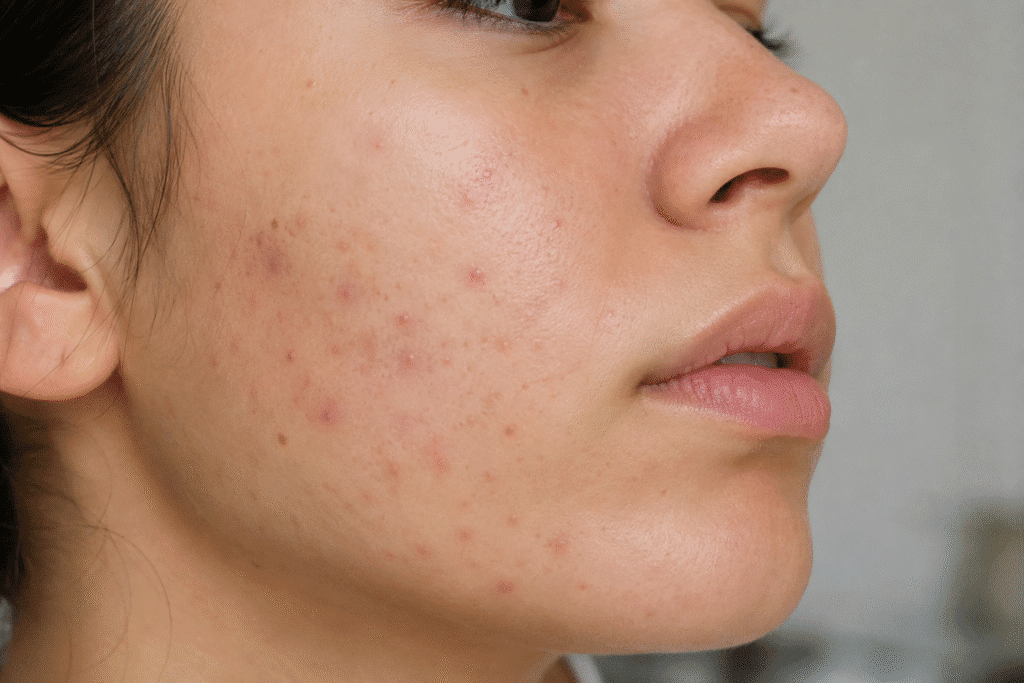 Close-up photo of a woman with facial acne