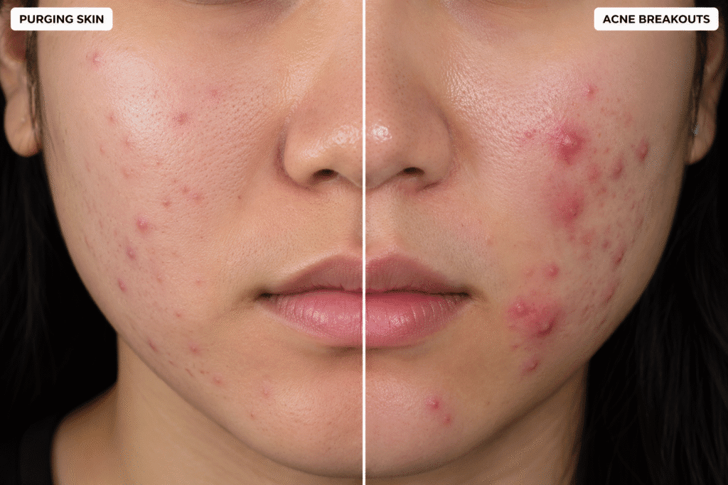 comparison of purging skin and acne breakouts