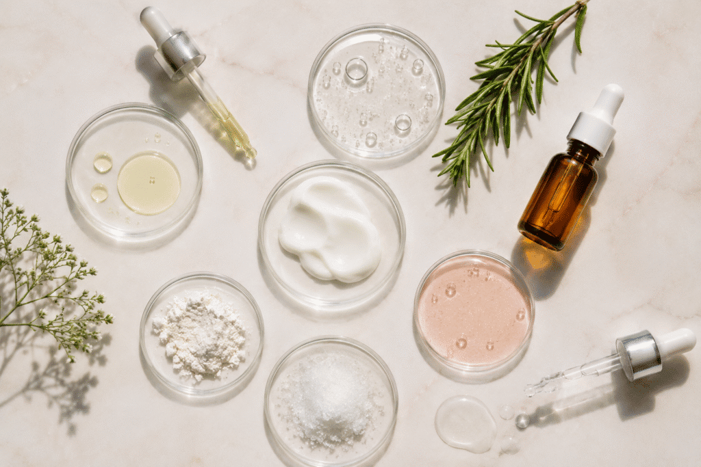 Why Is My Skin So Sensitive? 3 Flat lay image of active skincare ingredients