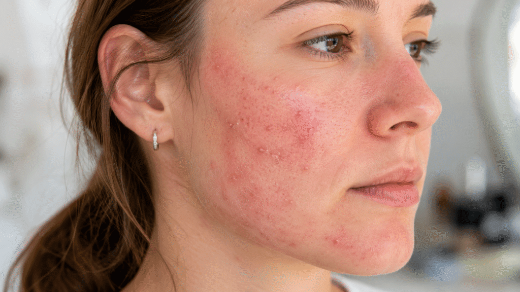 Why Is My Skin So Sensitive? 6 Close-up of a face with redness and irritated skin.