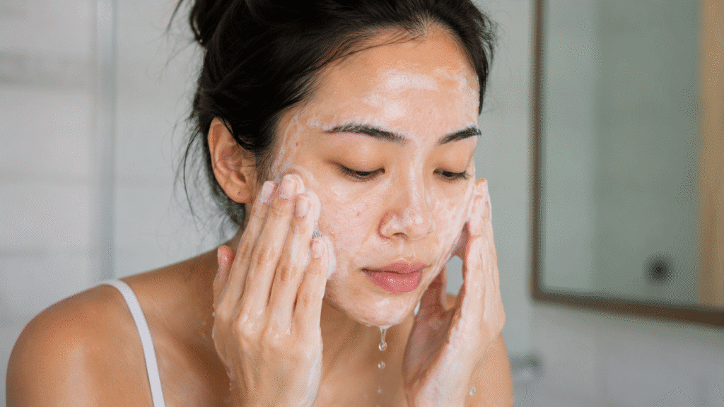 Photo of a woman gently cleansing her face