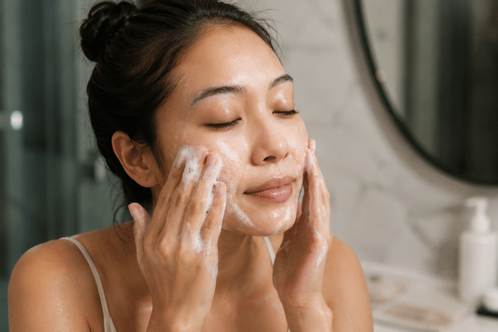 Does Primer Clog Pores? Truth for Healthy Skin 9 Woman cleansing her face with a gentle foaming facial cleanser