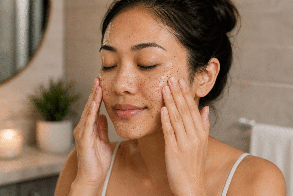 Does Primer Clog Pores? Truth for Healthy Skin 10 Woman gently exfoliating her face