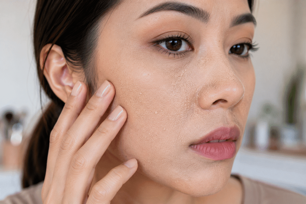 Can Makeup Cause Wrinkles? Truth About Skin Aging 4 Close-up of dry, flaky makeup emphasizing dehydrated skin